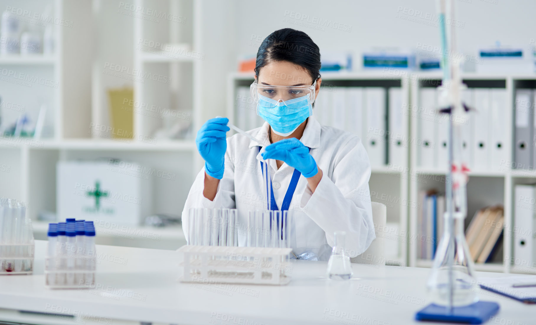 Buy stock photo Covid, science and research with a woman in laboratory for innovation or modern medical breakthrough. Healthcare, medicine and vaccine with a female scientist working in a lab for cure development