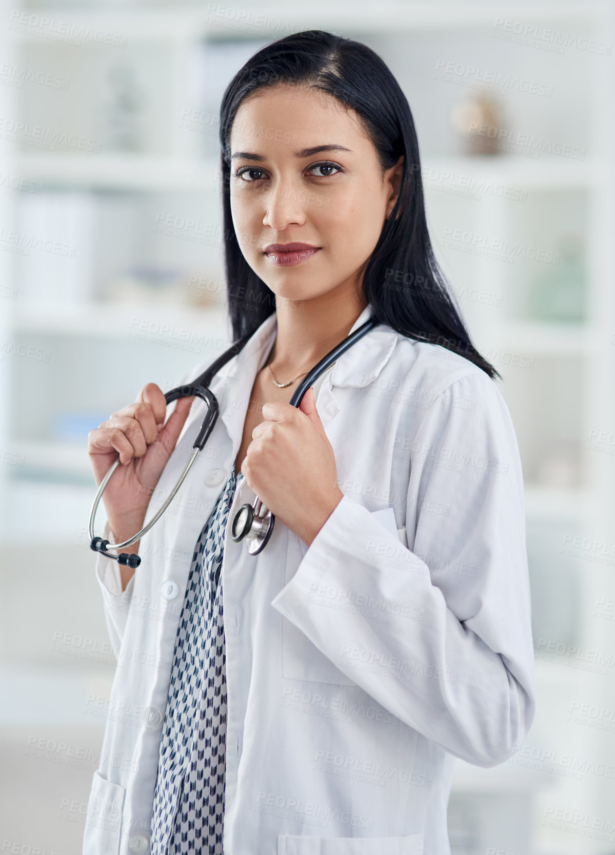 Buy stock photo Doctor, portrait and confident in hospital for cardiology, healthcare and medicare in clinic. Woman, cardiologist and positive attitude with stethoscope for integrity, pride and patient care in Peru