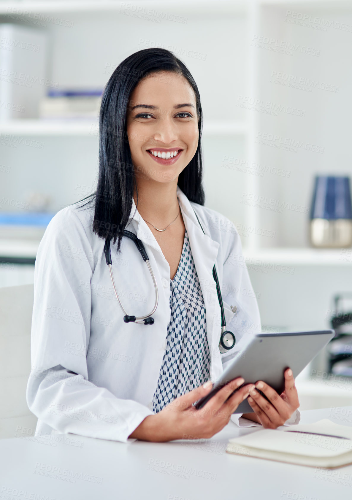 Buy stock photo Doctor, smile and portrait of woman with tablet in office for telehealth, feedback or online research. Healthcare, professional and person with tech at hospital for medical report, news or networking