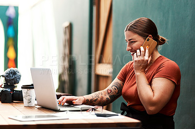 Buy stock photo Laptop, phone call and remote work with business woman in home office for communication or research. Computer, smile and web development with freelance employee in apartment for administration