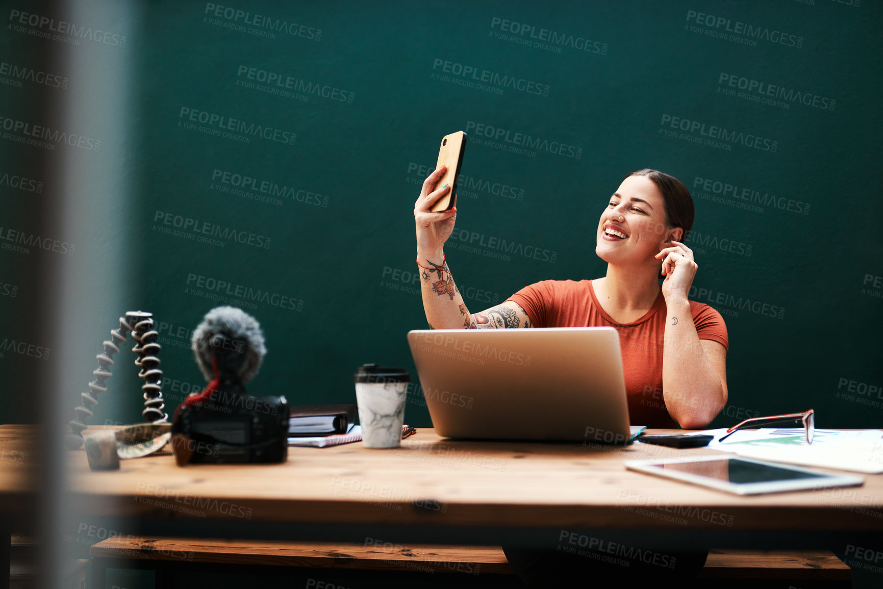 Buy stock photo Selfie, smile and remote work with business woman in home office for social media profile picture. Mockup space, photograph and web design with freelance developer in apartment for administration