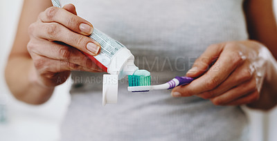 Buy stock photo Hands, toothpaste and woman toothbrush to clean teeth for hygiene, care and dental wellness in morning routine. Person, dentistry and cosmetic healthcare or mouth cleaning, whitening and selfcare
