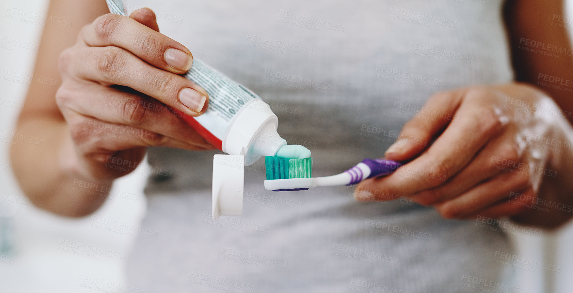 Buy stock photo Hands, toothpaste and woman toothbrush to clean teeth for hygiene, care and dental wellness in morning routine. Person, dentistry and cosmetic healthcare or mouth cleaning, whitening and selfcare