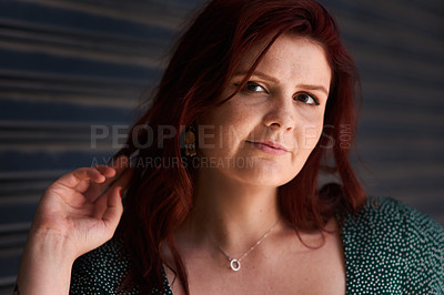 Buy stock photo Portrait, woman and redhead with hair care for confidence, color treatment and healthy scalp by wall background. Girl smile, outdoor and beauty wellness with curly texture and haircut for growth