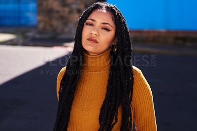 Buy stock photo Fashion, portrait and woman in city for travel, journey and adventure with elegance outdoor. Face, attitude and serious girl in Jamaica for holiday, experience or immigration, opportunity or vacation