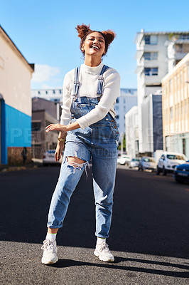 Buy stock photo Woman, road and fashion in outdoor, happy and denim for style or confident in outfit. Female person, laughing and street for casual trend or aesthetic, urban adventure and clothes in downtown journey