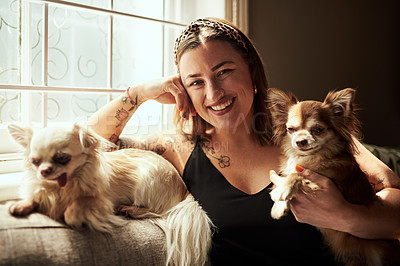 Buy stock photo Shot of a young woman relaxing with her dogs on the sofa at home