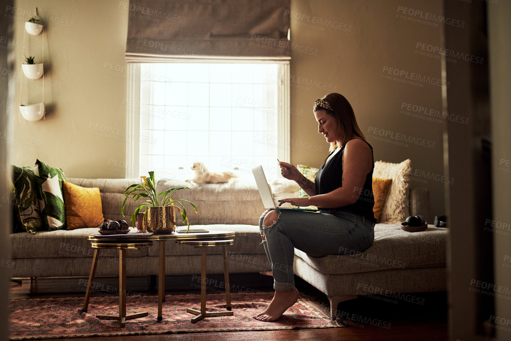 Buy stock photo Shot of a young woman using a laptop and credit card on the sofa at home