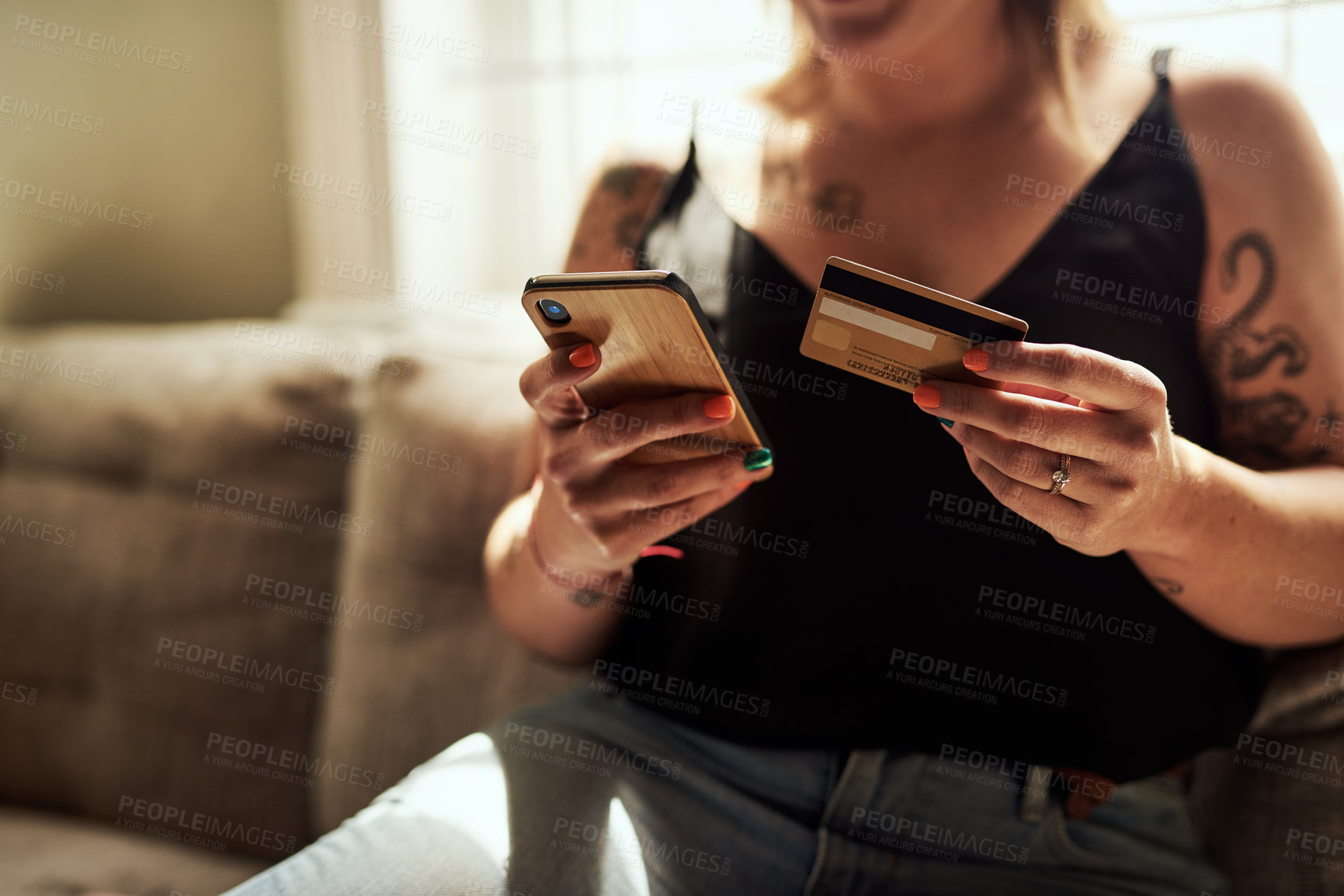 Buy stock photo Woman hands, phone and credit card on couch for online shopping, e commerce and fintech payment, loan or finance. Person on sofa typing banking information on mobile app for home and web transaction