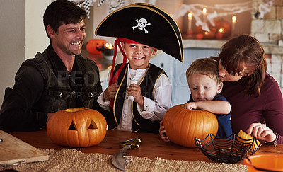 Buy stock photo Happy family, portrait and kids with pumpkin for halloween to celebrate with siblings, pirate or fun. Home, mom or dad with children carving face in vegetable for holiday lantern, decoration or party