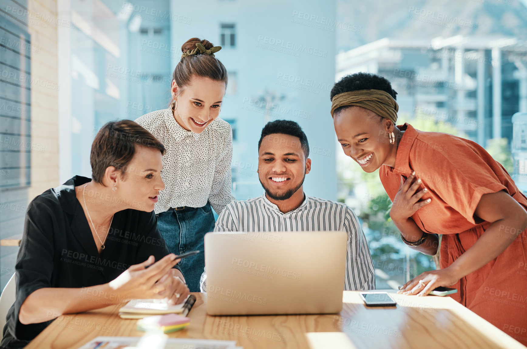 Buy stock photo Laughing, teamwork or business people with laptop in meeting for funny design strategy, online campaign or website layout. Graphic designer, collaboration or happy in office for project brainstorming