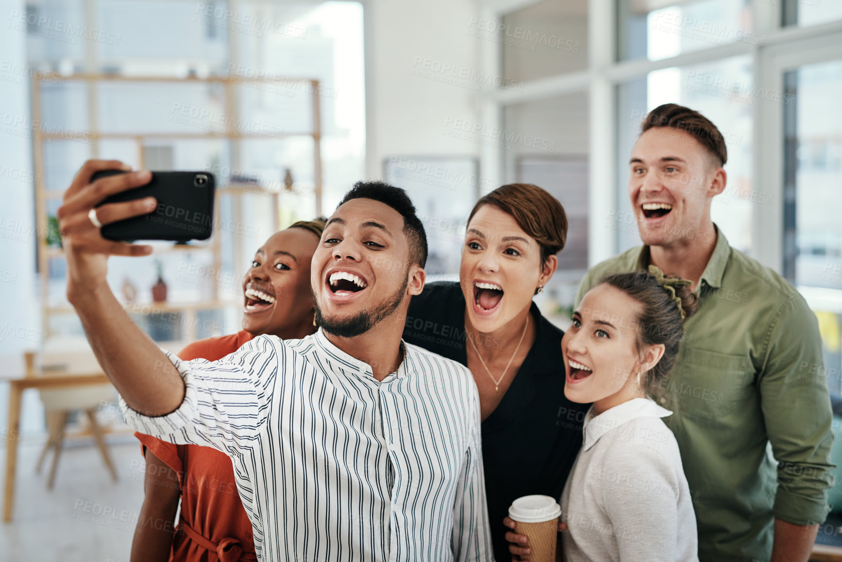 Buy stock photo Happy, business people and selfie with team at office for photography, picture or memory together. Young group, employees or colleagues with smile for fun day, bonding moment or capture at workplace