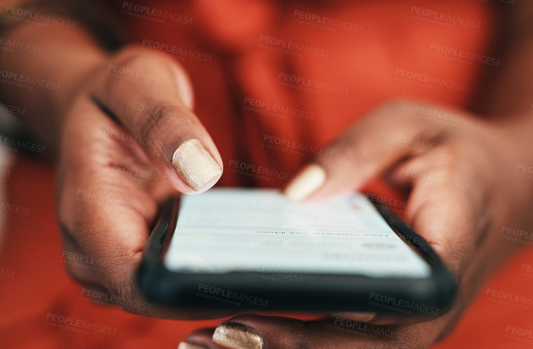 Buy stock photo Cropped shot of an unrecongnizable businesswoman sitting alone in the office and texting on her cellphone