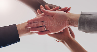 Buy stock photo Business people, teamwork and group hands for support from below with solidarity, trust and collaboration. Professional team building, partnership and strategy of men and women with motivation
