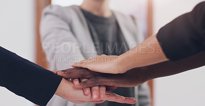 Buy stock photo Teamwork, stack and hands of business people in office for company mission, team building and motivation. Diversity, collaboration and workers with hand together for agreement, support and goals