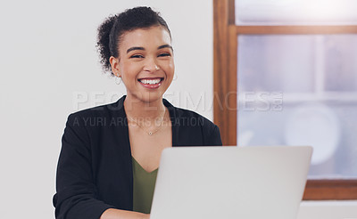 Buy stock photo Happy woman, portrait and secretary with laptop for email, communication or business productivity at office. Female person or admin with smile on computer for schedule, task or assistant at workplace
