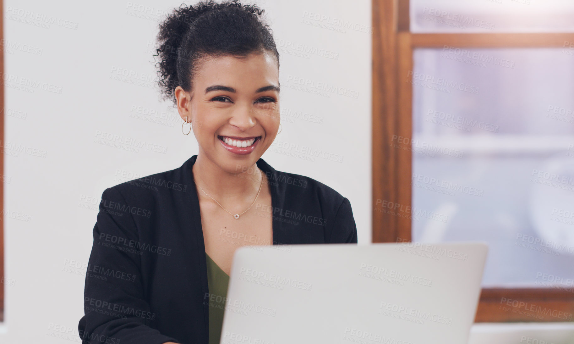 Buy stock photo Laptop, smile and portrait of business woman in office with research for corporate law case. Happy, technology and female attorney working on computer for legal report or policy review in workplace.