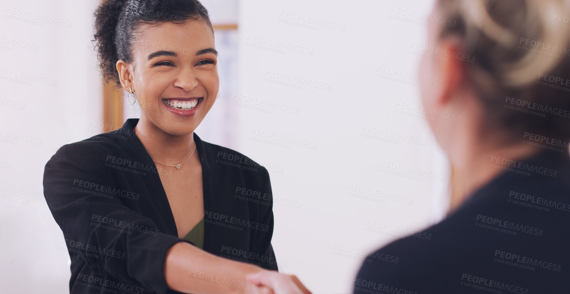 Buy stock photo Handshake, women and happy for welcome, agreement or deal for hiring at corporate law firm. African woman, lawyer and shaking hands for recruitment, teamwork or congratulations with smile at office