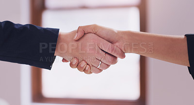 Buy stock photo Business women, handshake and agreement to deal, partnership or b2b negotiation closeup. Professional people shaking hands for a client thank you, congratulations or hiring employee as HR partner