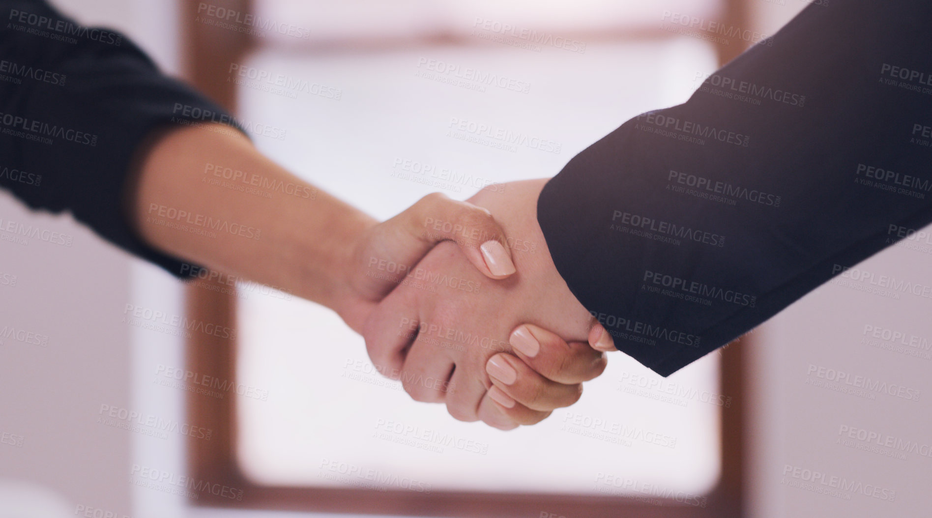 Buy stock photo Business people, handshake and agreement to deal, partnership or b2b negotiation closeup. Professional woman shaking hands for a client thank you, congratulations or hiring employee as HR partner