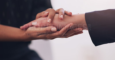 Buy stock photo Closeup, hands and women with support, empathy and comfort with solidarity, teamwork and love. Zoom, female people and friends touching fingers, trust and unity with kindness, bad news and prayer