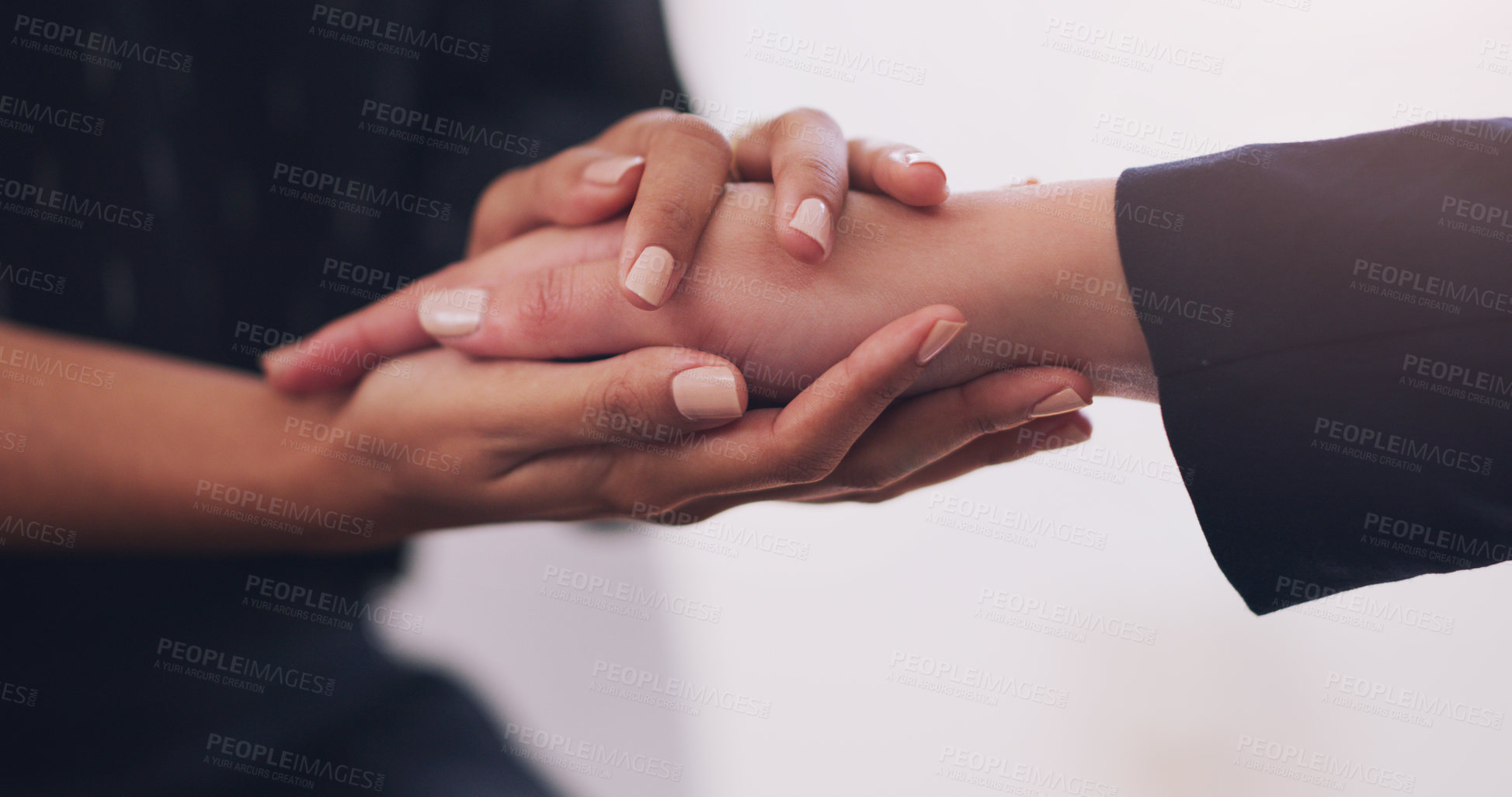 Buy stock photo Closeup, hands and women with support, empathy and comfort with solidarity, teamwork and love. Zoom, female people and friends touching fingers, trust and unity with kindness, bad news and prayer