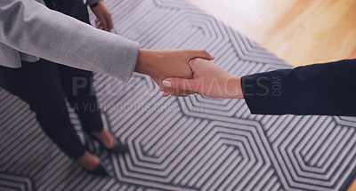 Buy stock photo Handshake, business women and agreement to deal, partnership or b2b negotiation. Above professional people shaking hands for a client thank you, congratulations or hiring employee as HR partner