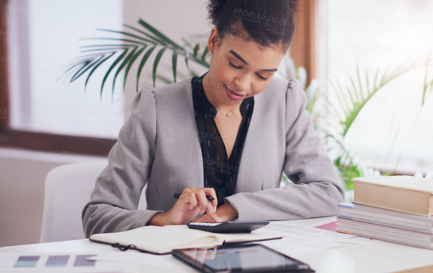 Buy stock photo Accountant, calculator and woman with pen on desk for finance budget, math or planning. Professional african person with books, pen and list for tax on financial profit or income in accounting office