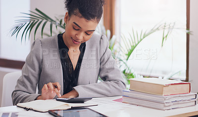 Buy stock photo Accounting, calculator and woman writing in notebook for finance budget, investment or planning. African person as accountant with books, pen and list for tax on business profit or income in office