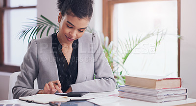 Buy stock photo Calculator, accounting and woman writing in notebook for finance budget, investment or planning. African person as accountant with tax list on business profit, financial goals or income in office