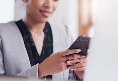 Buy stock photo Closeup, hands and woman with a smartphone, business or typing with connection, network or social media. Female person, consultant or employee with a cellphone, search internet or website information