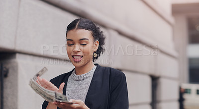 Buy stock photo Money, city and business woman with cash for success, wealth and profit from winning prize in town. Rich, happy and excited female person throw notes for investment, savings and salary bonus outdoors