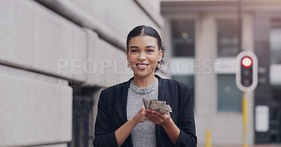 Buy stock photo Business woman, city and celebrate with cash, smile and wealth from financial success, stock market and profit. Rich african businesswoman, money and winning with bonus, investment and bills