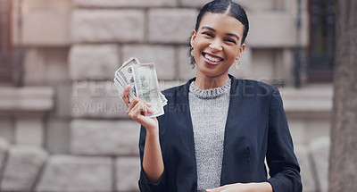 Buy stock photo Business woman, city and cash in street portrait with smile, winning or success with profit, bonus or reward. African businesswoman, money or winner with happiness outdoor for stock market investment