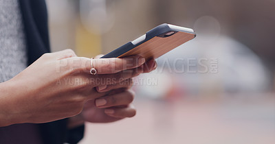 Buy stock photo Female hands, web and smartphone in the city calling and texting in the street. Woman, hand and phone for typing, outdoor and searching message with internet for communication on app.