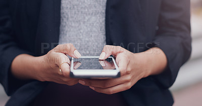 Buy stock photo Hands, phone and business woman in city for closeup texting, networking or email communication on web. Businesswoman, smartphone and typing in metro street with social media app, chat or contact