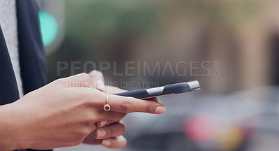Buy stock photo Phone, city and hands of business woman online for social media, internet and connection outdoors. Communication, typing and female person on smartphone for website, mobile app and networking in town