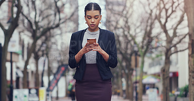 Buy stock photo City, business and woman with a smartphone, typing and connection for social media, website info and communication. Female person, employee and consultant with a cellphone, online reading and outdoor
