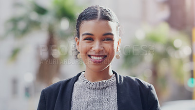 Buy stock photo Corporate, happy and portrait of business woman in city for morning, professional and focus. Confident, pride and natural with face of female employee in urban outdoors for entrepreneur and modern 