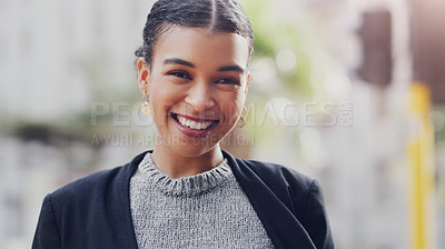 Buy stock photo Corporate, portrait and business woman in city for morning, professional and focus. Confident, pride and natural with face of female employee in urban outdoors for entrepreneur, expert and happiness