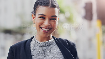 Buy stock photo Happy, portrait and business woman in city for happiness, professional and smile. Confident, career and natural with face of corporate female employee in urban outdoors for entrepreneurship and pride