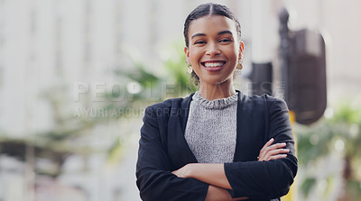 Buy stock photo Portrait, city or woman with arms crossed, business or confident girl with happiness, consultant or career. Face, female person or employee with a smile, outdoor or professional with entrepreneurship