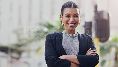 Buy stock photo Portrait, business and woman with arms crossed, city and smile with confidence, career and consultant. Face, female person and employee outdoor, professional and skills with happiness or entrepreneur