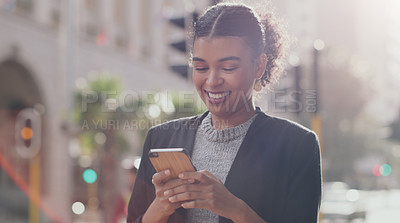 Buy stock photo Smile, business and woman with a smartphone, city and typing with connection, network and social media. Female person, employee outdoor and consultant with cellphone, mobile app and online reading 