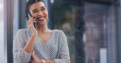 Buy stock photo Happy woman, window and discussion with phone call for communication, business or chat at office. Female person or creative employee talking on mobile smartphone with smile in conversation or startup