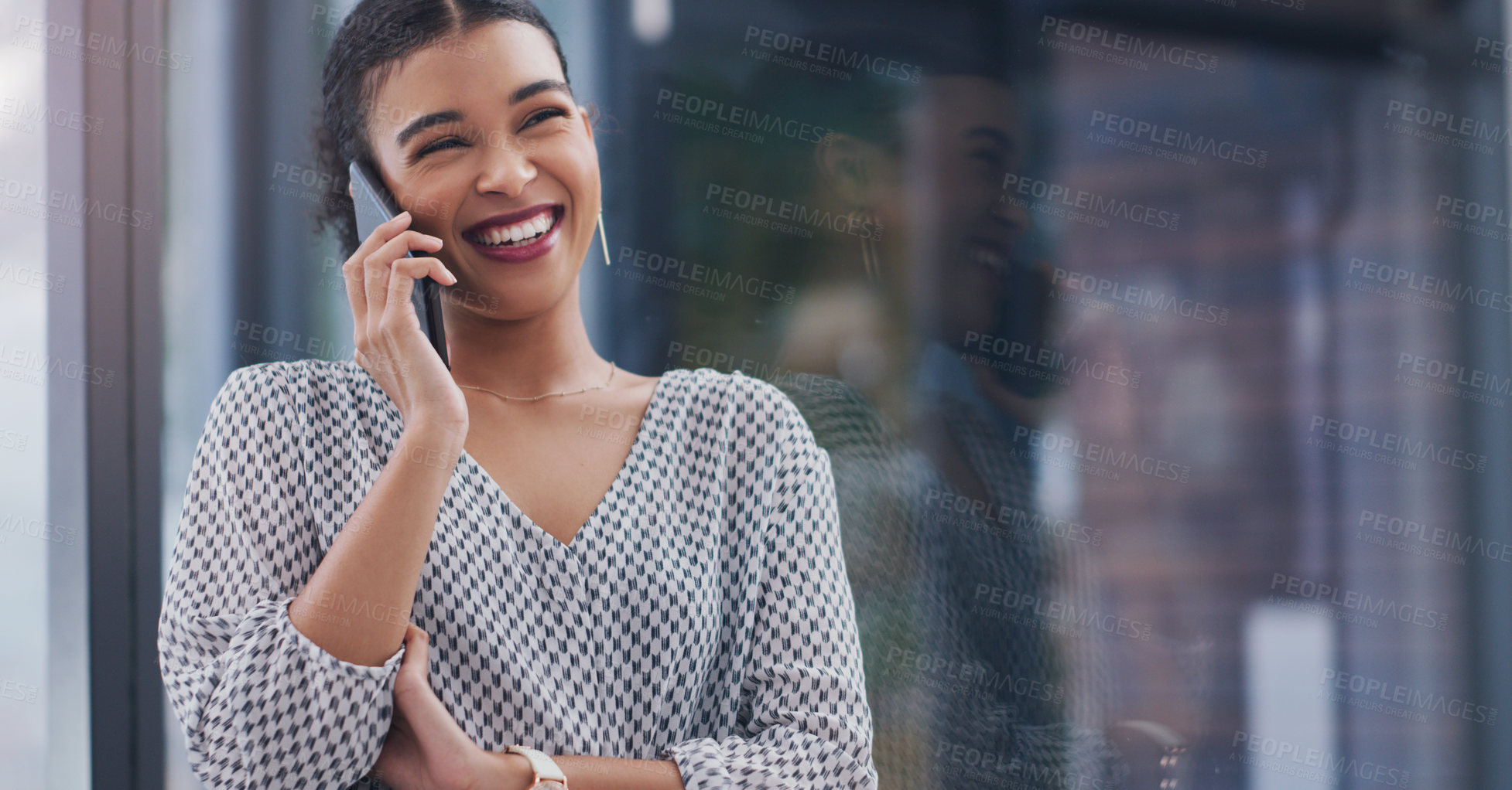 Buy stock photo Happy woman, window and discussion with phone call for communication, business or chat at office. Female person or creative employee talking on mobile smartphone with smile in conversation or startup
