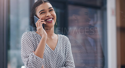 Buy stock photo Happy woman, window and business with phone call for discussion, communication or chat at office. Female person or creative employee talking on mobile smartphone with smile in conversation or startup