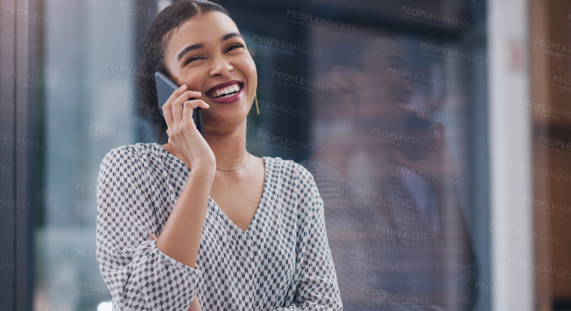 Buy stock photo Happy woman, window and business with phone call for discussion, communication or chat at office. Female person or creative employee talking on mobile smartphone with smile in conversation or startup