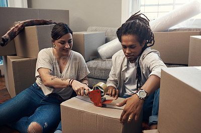 Buy stock photo Couple, tape and packaging with boxes for moving, transportation and shipping at new home on floor. People, sealing and cardboard container for real estate, storage and delivery with courier service