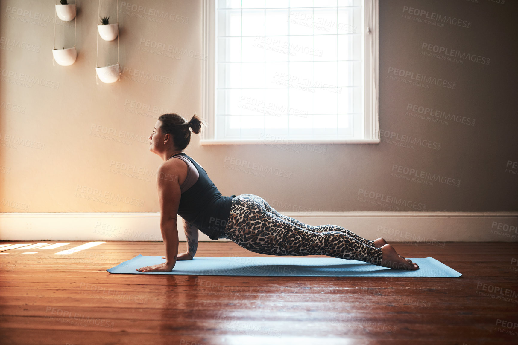 Buy stock photo House, stretching and woman with pilates, yoga and meditation with wellness, balance and workout. Person, apartment and girl in lounge, healthy and activity with exercise, chakra and fitness